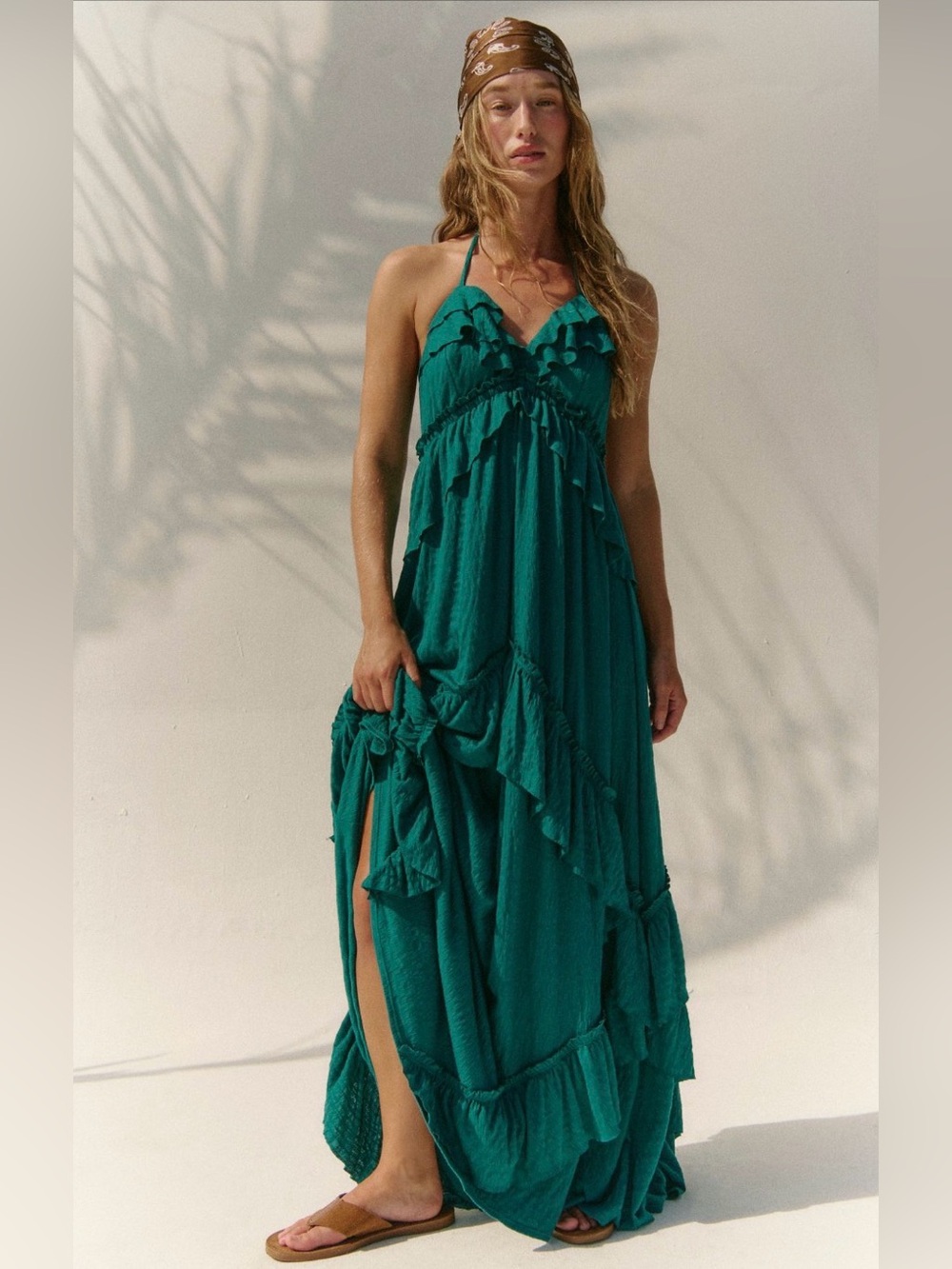 Free People Santa Luz Green Ruffled Halter Maxi Dress Teal Green S20